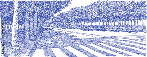 A blue and white drawing of a street with a crosswalk. There are trees in the background. vector illustration