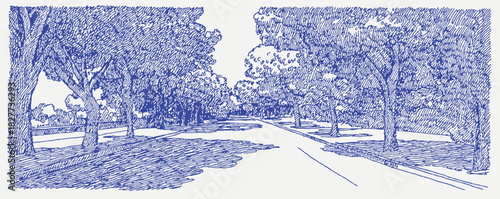 A blue and white drawing of a road with trees. The road is empty and there are no cars or people. vector illustration