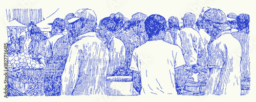 A group of people are standing in a blue and white background. There are at least 13 people in the group. vector illustration