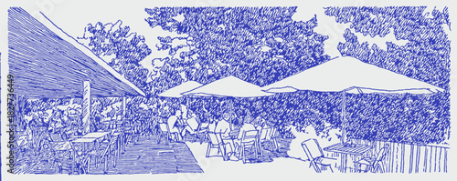 A blue and white drawing of a patio with a table and chairs. There are umbrellas and a fence in the background. vector illustration