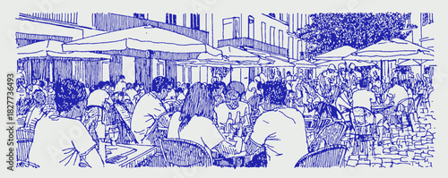 A blue and white image of a crowded outdoor cafe. There are many people sitting at tables and chairs. vector illustration