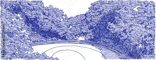 A blue and white drawing of a road with trees in the background. A car is driving down the road. vector illustration