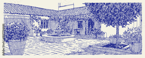 A blue and white drawing of a courtyard with a fountain and a tree. There are several potted plants and a bench in the courtyard. vector illustration