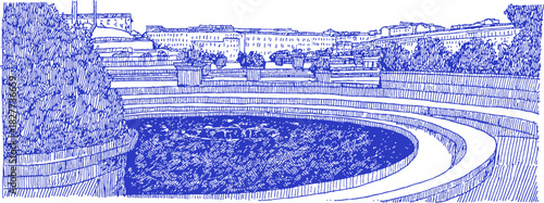 A blue and white drawing of a park with a pond. The pond is surrounded by trees and buildings. vector illustration