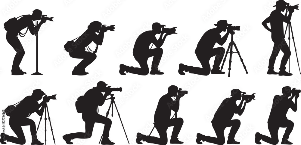 Obraz premium Silhouette of photographers in various poses with cameras and tripods