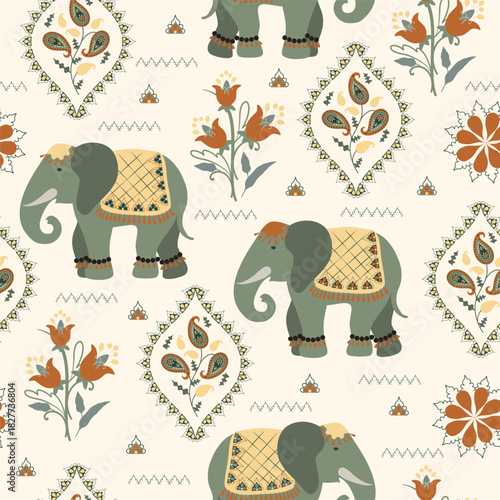 Traditional seamless Paisley pattern. Indian, arabic ornament. Elephant, Abstract flowers. Vector