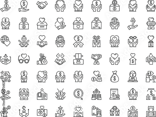 Charity, donation, fundraising, and financial support vector icon set illustrating money giving, humanitarian aid, philanthropy, generosity, nonprofit contributions, and community care.