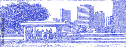 A blue and white drawing of a city with a bus stop and a group of people sitting on a bench. vector illustration
