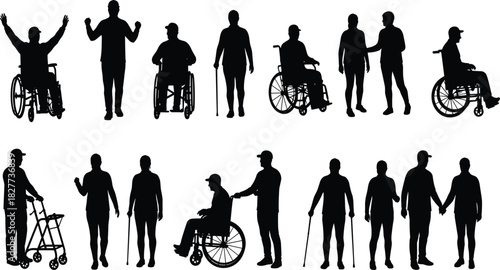 Mobility aid icon set, silhouette people with wheelchair, cane, walker, inclusive interaction, black and white illustration, accessibility, support, care grid