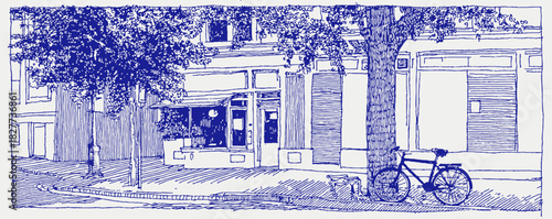The image is a blue and white drawing of a street scene with a bicycle leaning against a tree. vector illustration