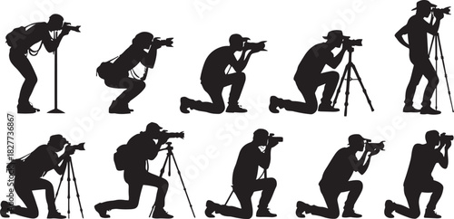 Silhouette of photographers in various poses with cameras and tripods