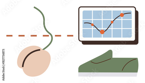 Seed sprouting with vine, progress chart showing upward trend, green shoe for activity. Ideal for growth, progress, sustainability, goal-setting, business strategy, environment healthy lifestyle