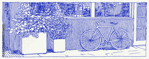 A blue and white drawing of a bicycle parked in front of a building. The bicycle is leaning against a wooden fence. vector illustration