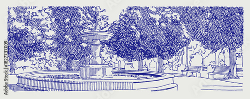 The image is a blue and white drawing of a park with a fountain and trees. The fountain is located in the center of the park. vector illustration