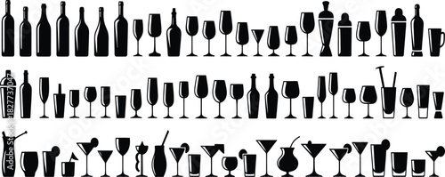Wine glass and bottle silhouette set, cocktail drink icons, alcohol beverage vector collection, barware, pub, restaurant menu design.