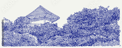A blue and white drawing of a house with a roof. The house is surrounded by trees. vector illustration