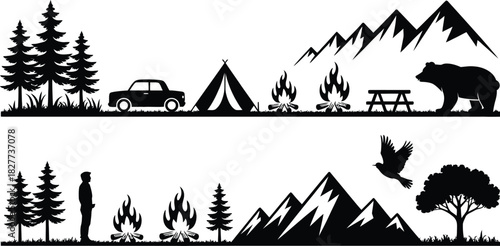 Camping silhouette vector, forest landscape background, outdoor adventure icons, hiking nature panorama, mountains, tent, car, bear, campfire, wilderness illustration.