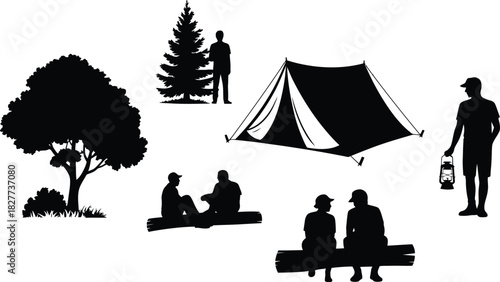 Camping silhouette collection with tent, trees, people sitting on logs, and hiker holding lantern vector illustration.