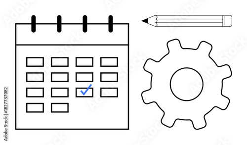 Calendar with marked date, pencil, and gear symbolize task planning, scheduling, productivity, and organization. Ideal for time management, workflow, strategy education deadlines simple flat