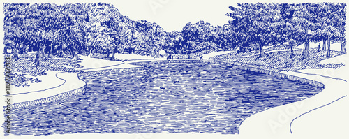 A blue and white drawing of a river with trees in the background. The water is calm and the trees are green. vector illustration