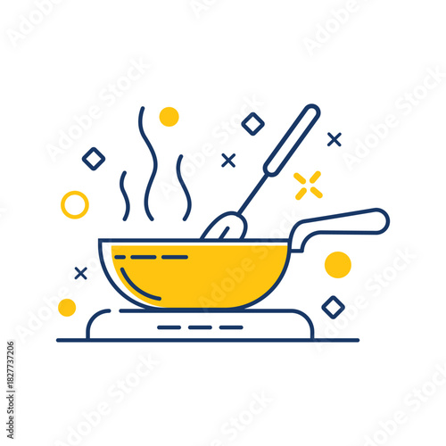 Minimal line art illustration of a cooking pan on stove with rising steam, kitchen utensil, and abstract decorative elements in modern flat style