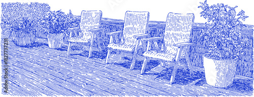 A blue and white image of a patio with several chairs and potted plants. The chairs are arranged in a row. vector illustration