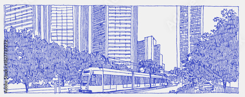 A blue and white drawing of a city street with a train on it. The train is on the left side of the image. vector illustration