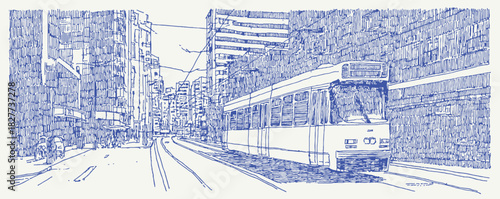 A blue and white drawing of a train on a track. The train is on the right side of the image. vector illustration