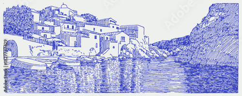 A blue and white drawing of a village with a river in the background. The drawing is of a house with a bridge in front of it. vector illustration