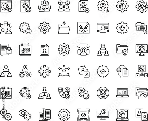 Comprehensive HR management and workflow optimization icon set featuring settings, user profiles, teamwork, documents, automation, planning, and organizational process symbols.