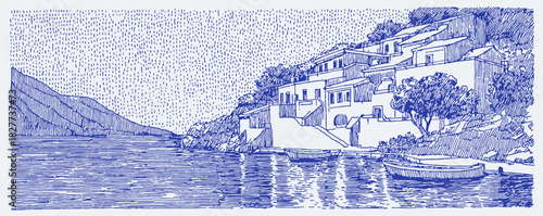 A blue and white drawing of a house and a boat on a lake. The house is on the right side of the lake. vector illustration