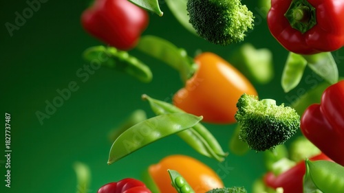 Fresh bell peppers, broccoli, and snow peas falling, representing healthy eating and vibrant natural ingredients