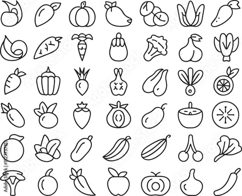 Assortment of fresh fruit and vegetable outline icons on white background food produce