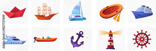 set of sailing and yacht vector, sailboat, catamaran, dinghy, cruise ship, origami sail boat, boat anchor, motor boat, lighthouse, ship's steering wheel 