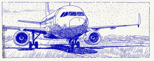 A blue and white airplane is parked on the runway. The plane is on the ground and has its wheels down. vector illustration