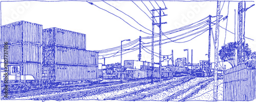 A blue and white drawing of a train track with a train on it. The train is in the middle of the track. vector illustration