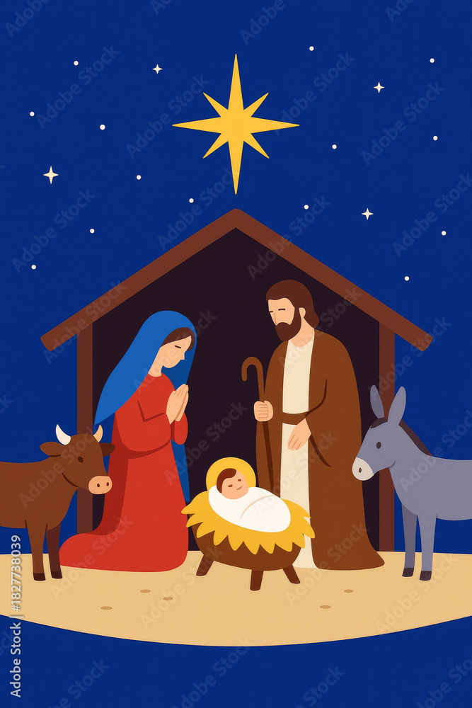 Obraz premium Flat design Christmas Nativity scene featuring Mary, Joseph, Baby Jesus Christ, under a star for use as a greeting card, religious religious biblical stock illustration image