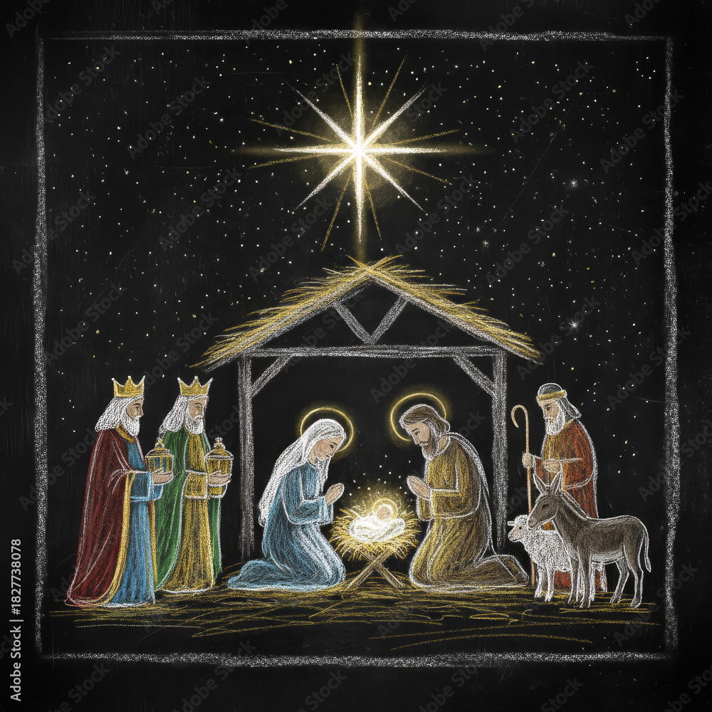 Obraz premium Flat design Christmas Nativity scene featuring Mary, Joseph, Baby Jesus Christ, Wise Men, shepherd, under a star for use as a greeting card, religious biblical stock illustration image