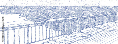 The image is a blue and white drawing of a pier with a railing. The railing is made of metal and is blue and white in color. vector illustration