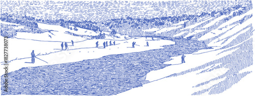 A group of people are standing on a bridge over a river. There are at least nine people in the scene. vector illustration