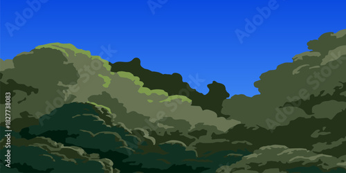 Landscape with greenery against a blue sky. Background with vegetation. Vector illustration