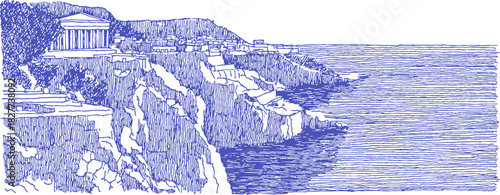 A blue and white drawing of a rocky shoreline with a cliff and a building in the background. vector illustration