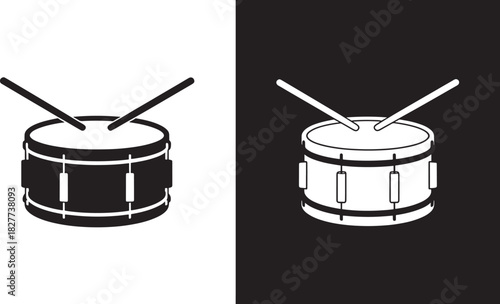 Black and white drum with drumsticks icon on contrasting backgrounds snare drum percussion