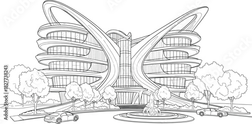 Modern futuristic building vector illustration, architectural line art sketch, urban office structure with curved design, cars and trees, city landscape coloring page.