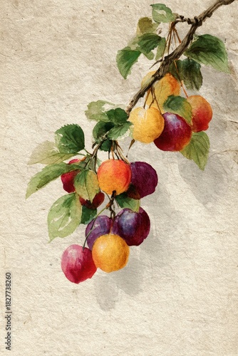Multicolor Plums Watercolor Illustration on Vintage Paper – Botanical Fruit Painting with Yellow, Red and Purple Plums, Leaves and Realistic Hand-Painted Details