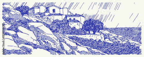 The image is a blue and white drawing of a rocky hillside with a house and trees. The house is situated on the hill. vector illustration