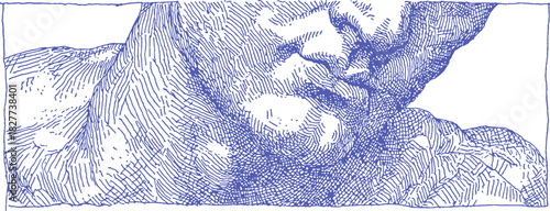 A man's face is drawn in blue. The man is wearing a beard. The man's face is drawn in a very detailed manner. vector illustration