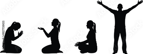 Prayer and meditation poses, spiritual silhouettes, worship gestures, black vector, mindfulness icons, reflective posture, faith illustration