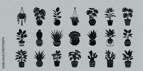 Potted plant silhouettes, indoor greenery, hanging plants, succulents, cactus icons, black vector, botanical decor, houseplant illustration