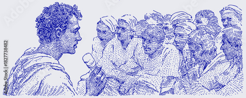 A man is standing in front of a group of people. The man is wearing a white robe. vector illustration